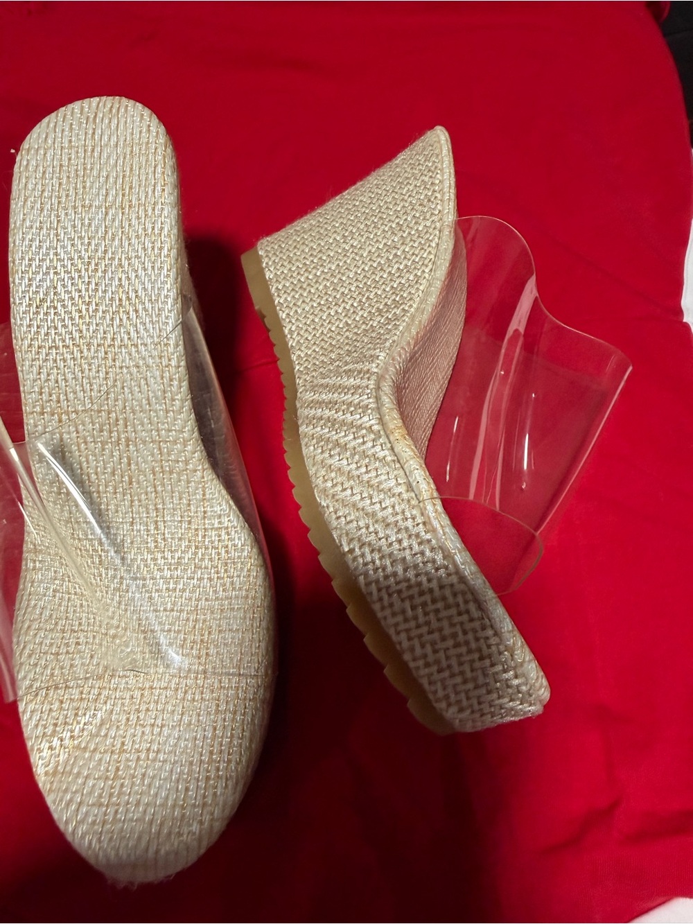 Women’s Clear Strap Wedge Mules in Natural Straw